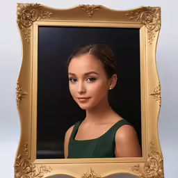 a girl with eyes closed posing for a picture in front of a golden frame