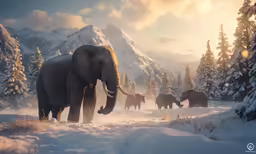 a painting of an elephant and other animals on a snowy field