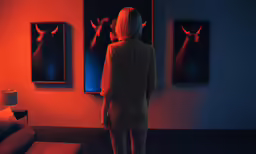woman standing in a room looking at paintings