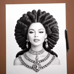 a woman wearing a necklace, earrings and a necklace is in a photo on a piece of paper