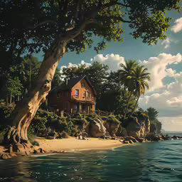 a house sits on top of the hill above the water