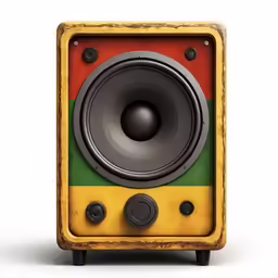 a square speaker sitting on top of an old yellow box