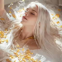 a close up of a woman in water surrounded by stars