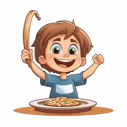 a cartoon boy sitting in front of a plate with food