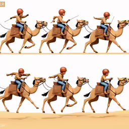 a camel mounted soldier, in four different poses, with several obstacles