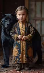 the dog stands next to the girl in the blue and yellow dress