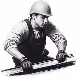 a man with a safety helmet kneels next to a rail