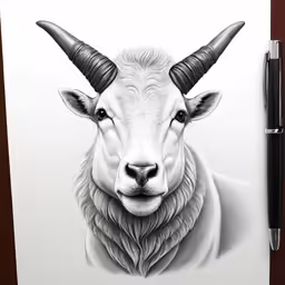 a white sheep with horns is drawing on paper
