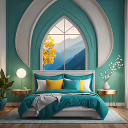 a bed sitting under a window with blue walls