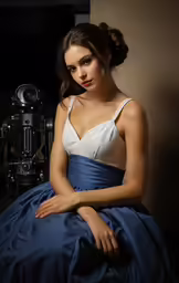 a woman wearing a dress is sitting down