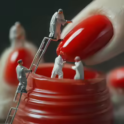 a miniature man on top of a ladder reaching towards a red cup and getting married