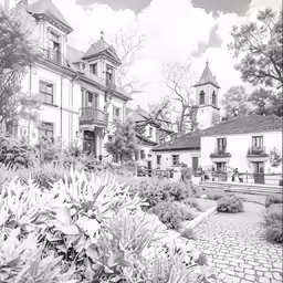 the garden in front of a building has a lot of bushes