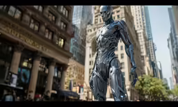a robot standing in front of a city street