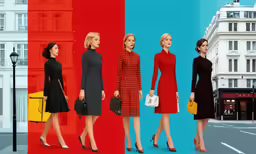 several models wearing black, white and red dresses stand together