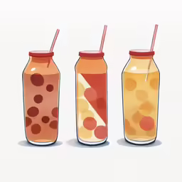 three glasses with beverages are sitting next to each other