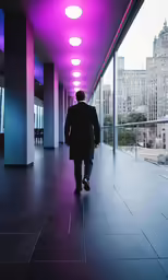 a man walking down an indoor hallway with bright lights on