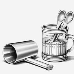 a mug of coffee with spoons, measuring tape and a spoon in the mug