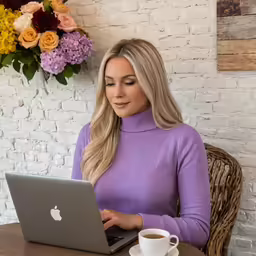 a blonde woman sitting at a table with her laptop computer