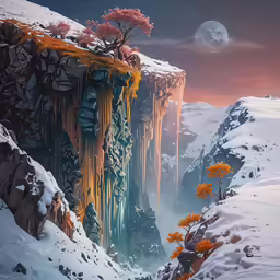 a digital painting of a surreal winter landscape