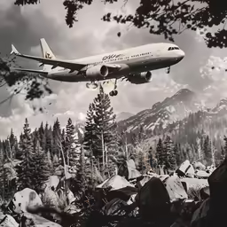 a plane in the sky flying over a rocky landscape