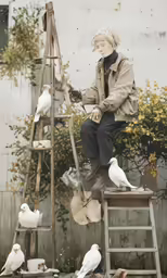 a woman sitting on top of a wooden step ladder