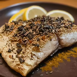 a plate that has fish on it with some spices and lemons