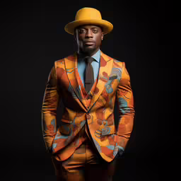 an african man wearing a yellow suit and orange hat,a man in a yellow suit wearing a hat