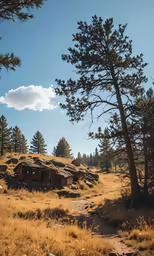 an old wooden cabin sitting in the middle of a field