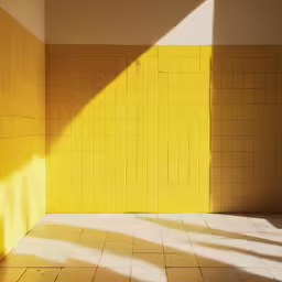 a room with a large yellow wall next to a window