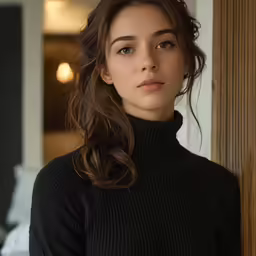 the girl is wearing a black sweater, standing by a bed