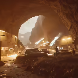 a picture of traffic going into a tunnel