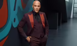 an egyptian man wearing a maroon suit with brown accents