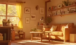 a yellow couch sitting under a window next to a table