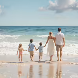 two adults and three children are holding hands at the beach