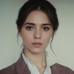 the young woman with dark hair looks into the camera