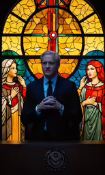 man wearing suit in front of an elaborate stained glass window