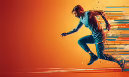 a man running across the air in a blue outfit