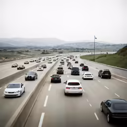 a highway with lots of cars and trucks driving in both directions