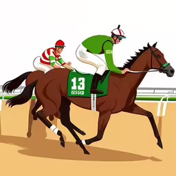 an illustration of horses and jockeys racing down the track,two horses running on track with jockeys on them