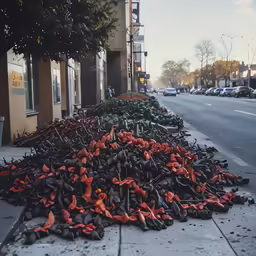 piles of clothes on the side of the street
