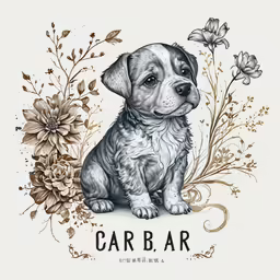 a drawing of a puppy sitting in front of flowers