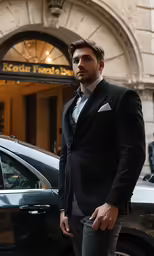 a man in a suit stands next to a parked car