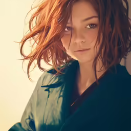 a beautiful woman wearing a green shirt and jacket