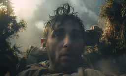 a young man in the middle of the jungle looks into the distance