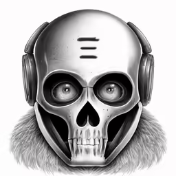 a human skull with headphones and fur around its neck
