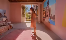 a girl in a pink dress is standing in the hallway with her hands in her pockets
