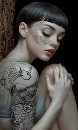 a woman with tattoos on her arm and chest