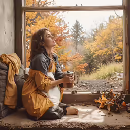 a young woman sitting on the windowsill drinking coffee
