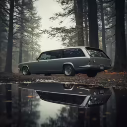 a car parked on top of a flooded forest next to trees