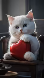 a white cat holding a red heart on a chair